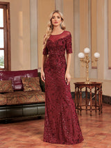 Burgundy Mermaid Sequins Short Sleeve Prom Dress