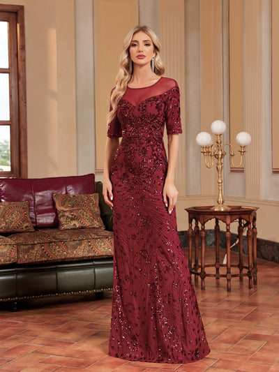 Burgundy Mermaid Sequins Short Sleeve Prom Dress