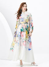 Printed Puff Sleeve Button Slim Dress