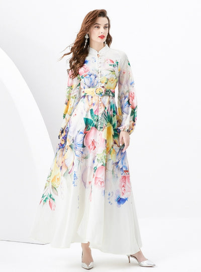 Printed Puff Sleeve Button Slim Dress