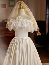 White Satin Lace Flower Wedding Dress