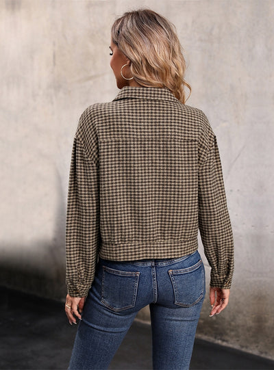 Lapel Long Sleeve Plaid Short Coat