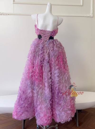 Pink Purple Tulle Flower Straps Prom Dress