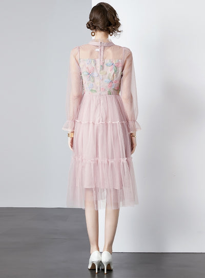 Lace Gauze Long Sleeve Dress