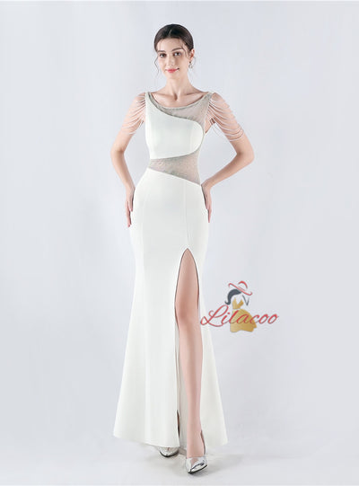 Scoop Neck Beading Split Prom Dress