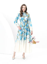 Retro Stand-up Collar Breasted Stitching Printed Long Dress