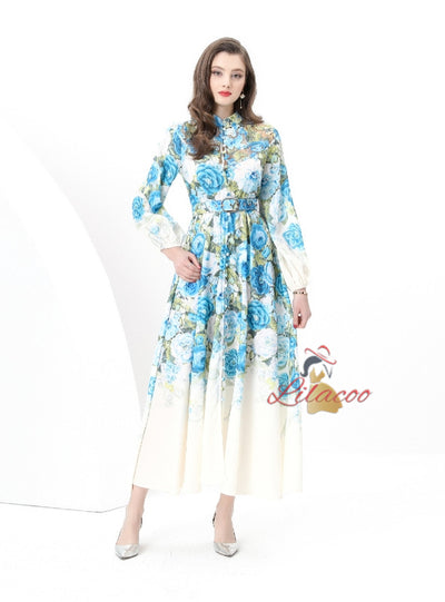 Retro Stand-up Collar Breasted Stitching Printed Long Dress