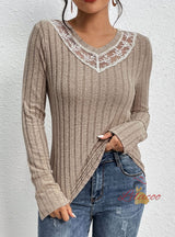 Spliced Solid Color Long Sleeve V-neck Top