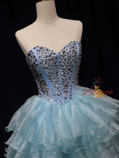 Blue Organza Crystal Strapless Homecoming Dress