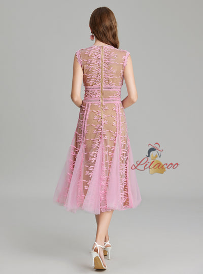 Round Neck Sleeveless Lace Gauze Dress