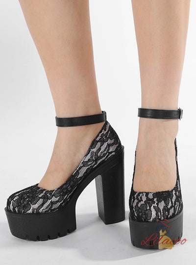 Lace Flower Mary Jane Round Head Thick Shoes