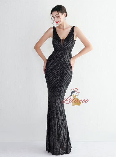 V-neck Mermaid Sequins Prom Dress