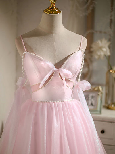Pink Spaghetti Straps Pearls Homecoming Dress