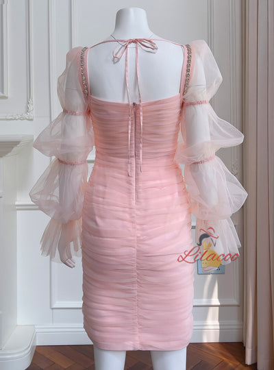 Pink Tulle Long Sleeve Pleats Prom Dress