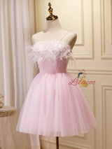 Pink Tulle Spaghetti Straps Pleats Homecoming Dress