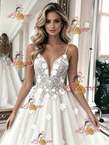 White Tulle Lace Spagheti Straps Wedding Dress