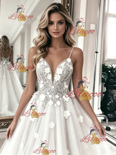White Tulle Lace Spagheti Straps Wedding Dress