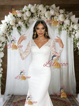 White Mermaid V-neck Long Sleeve Wedding Dress