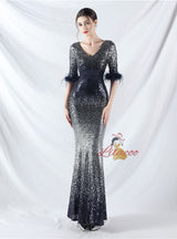 V-neck Short Sleeve Sequins Mermaid Prom Dress