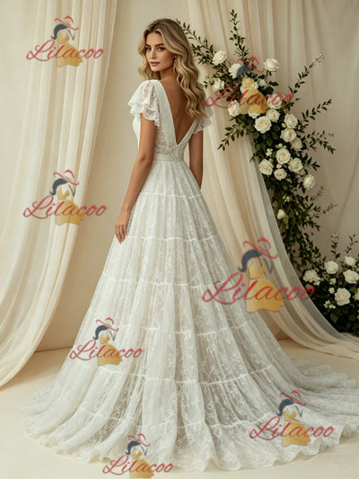White Lace V-neck Wedding Dress