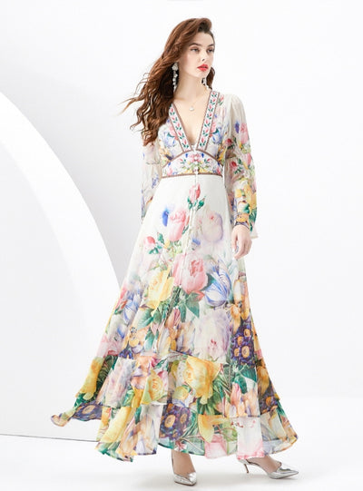 Horn Long Sleeve V-neck Printed Dress