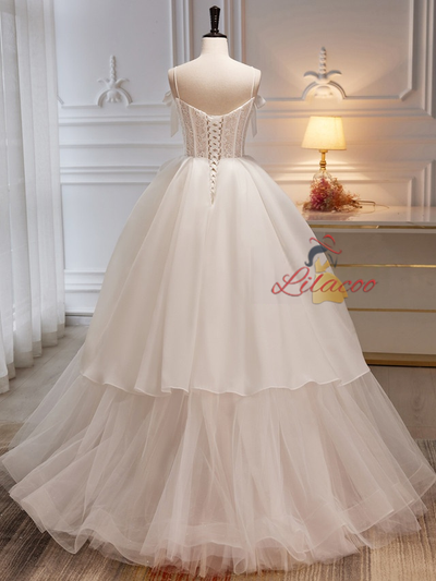 White Tulle Lace Straps Bow Wedding Dress