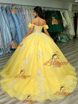 Yellow Tulle Off the Shoulder Appliques Quinceanera Dress