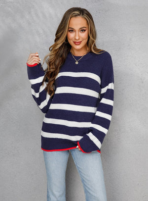 Crew Neck Stitching Striped Pullover Sweater