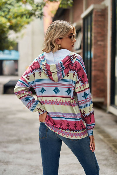 Geometric Pattern Long Sleeve Hooded Button Top