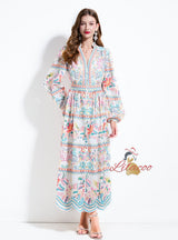 Retro Printed V-neck Button Dress