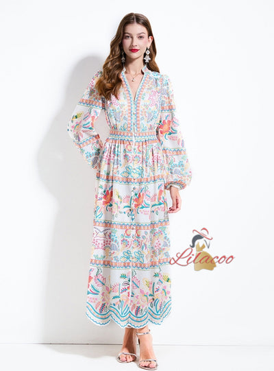 Retro Printed V-neck Button Dress