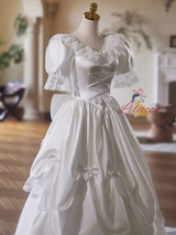 White Satin V-neck Lace Bow Wedding Dress