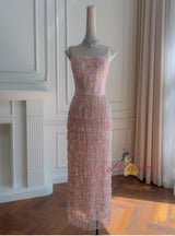 Pink Sequins Beading Straps Prom Dress