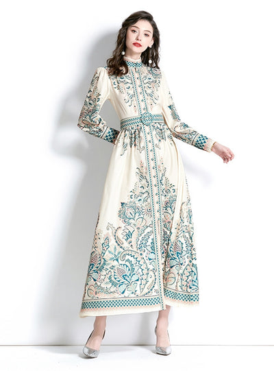 Palace Lantern Sleeve Long Printed Dress