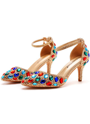 Thin-heeled Colored Rhinestone High-heeled Sandals