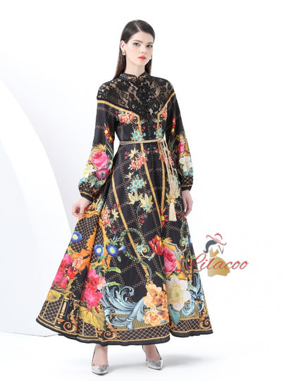 Retro Breasted Lace Print Dress