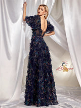 Floral Short-sleeved Slim Party Dress