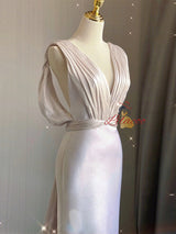 White V-neck Backless Pleats Wedding Dress