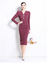 V-neck Slim Waist Lace Long Sleeve Dress