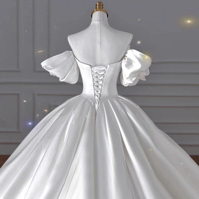 White Satin Pleats Beading Wedding Dress