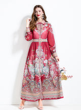 Palace Shirt Neck Breasted Long Printed Dress