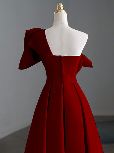 Burgundy Satin One Shoulder Bow Prom Dress
