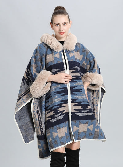 Loose Fur Collar Jacquard Knitted Shawl Cloak