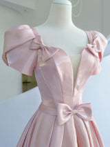 Pink Satin Puff Sleeve Bow Prom Dress