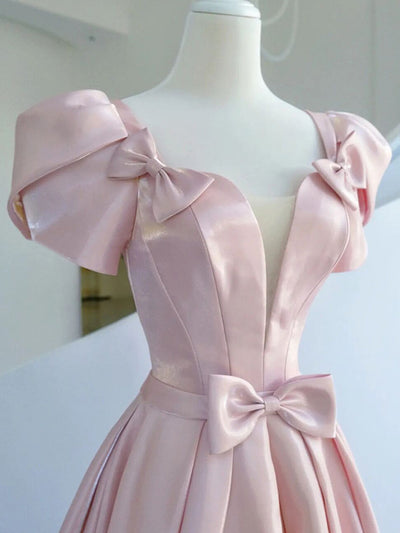 Pink Satin Puff Sleeve Bow Prom Dress