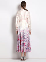 Long Sleeve Satin Vintage Printed Dress
