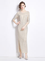 Sexy Round Neck Slim Gauze Rhinestone Dress