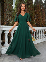 Green Chiffon Lace V-neck Prom Dress