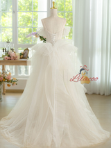 White Tulle Straps Pleats Beading Wedding Dress