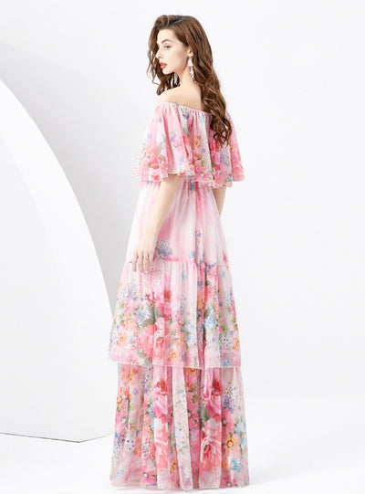 Lotus Leaf Printed Long Cake Dress